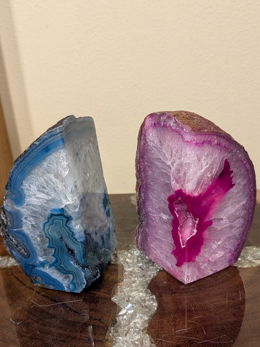 Agate Geodes Pair of Dyed Sections in Pink & Teal w/ Druzy - Picture 2 of 16